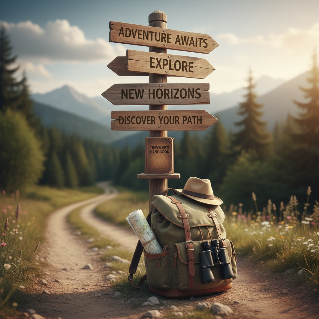Signpost with text 'ADVENTURE AWAITS', 'EXPLORE', 'NEW HORIZONS', 'DISCOVER YOUR PATH' beside a hiking backpack.