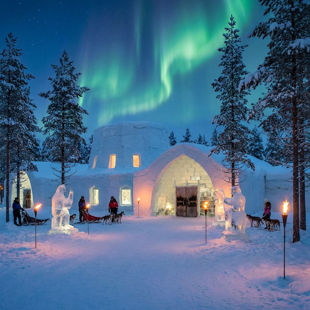 Large ice hotel with lit windows under a vibrant green aurora borealis in a snowy forest.